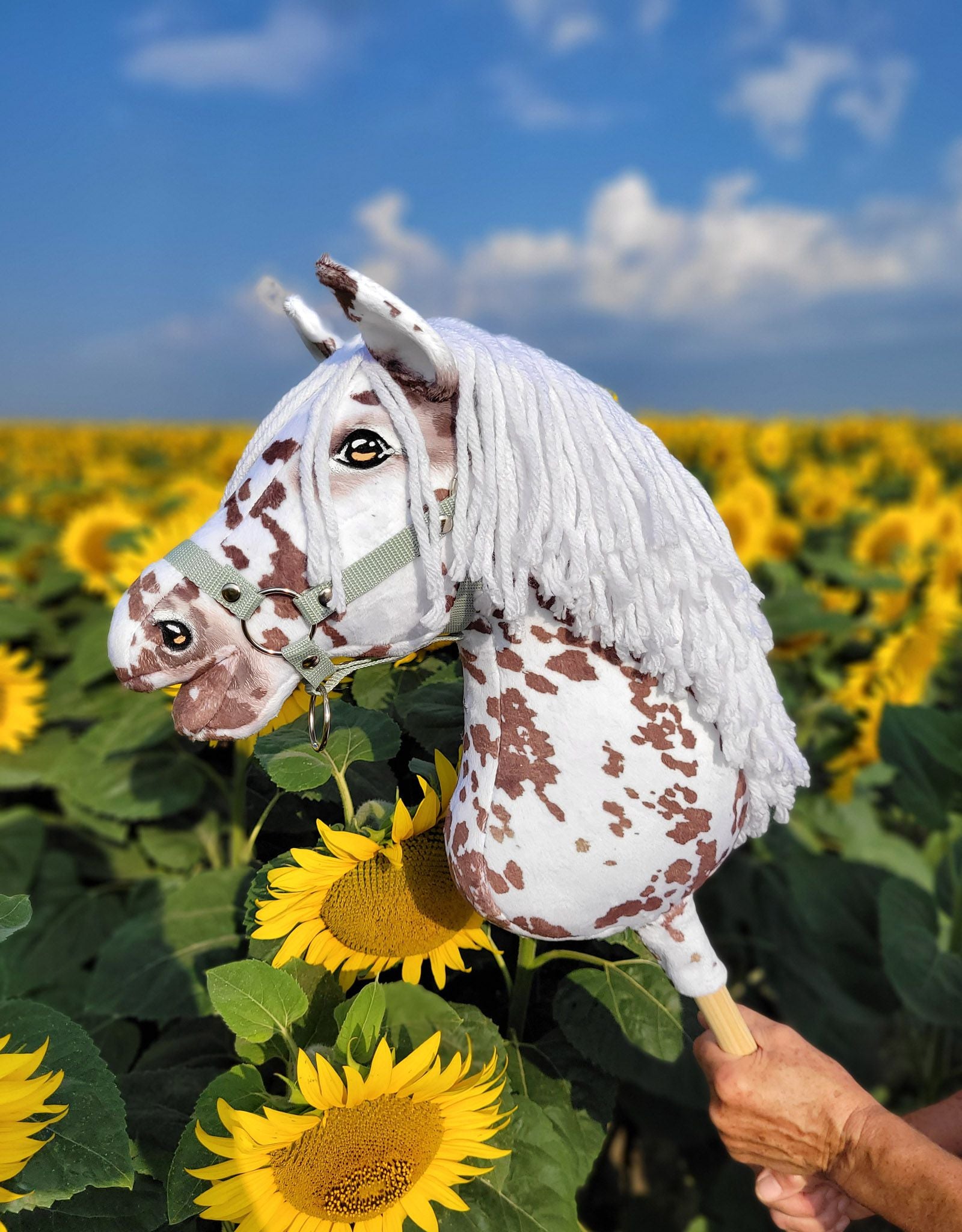 Horse on a stick Super Hobby Horse Premium - brown leopard horse with a white mane A3