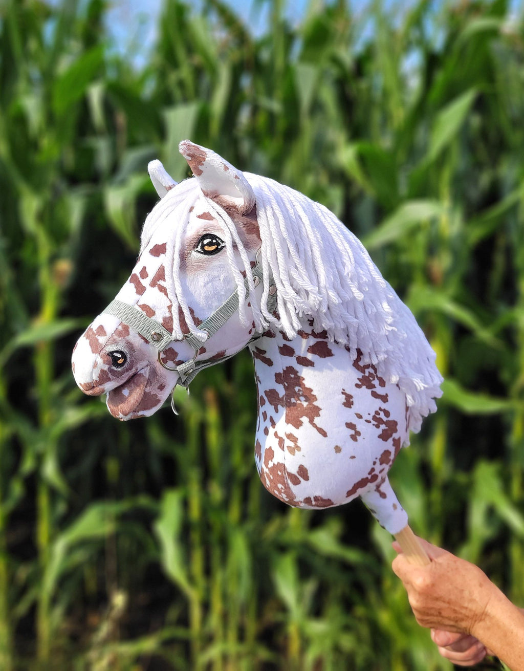 Horse on a stick Super Hobby Horse Premium - brown leopard horse with a white mane A3