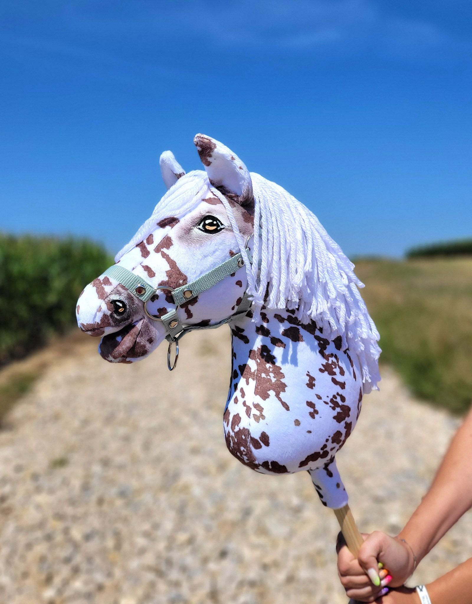Horse on a stick Super Hobby Horse Premium - brown leopard horse with a white mane A3
