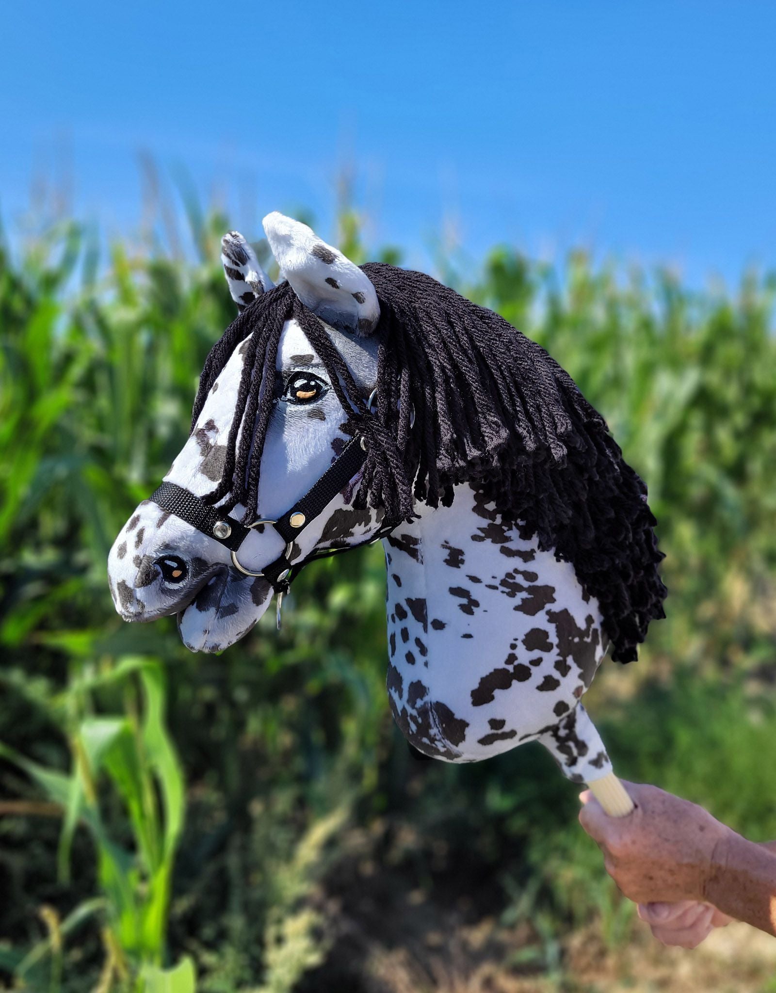 Horse on a stick Super Hobby Horse Premium - leopard horse with a black mane A3