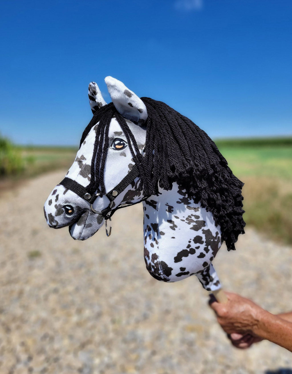 Horse on a stick Super Hobby Horse Premium - leopard horse with a black mane A3