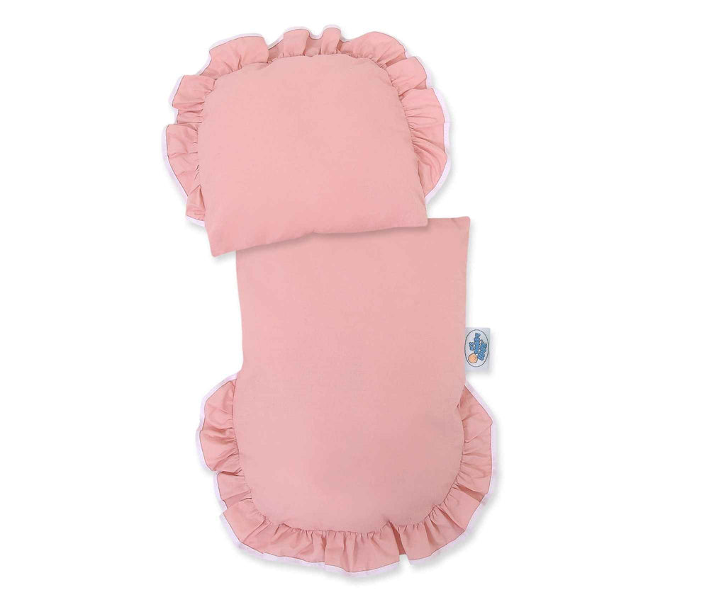 Wicker doll pushchair with pastel pink bedding and soft padding STELLA - natural