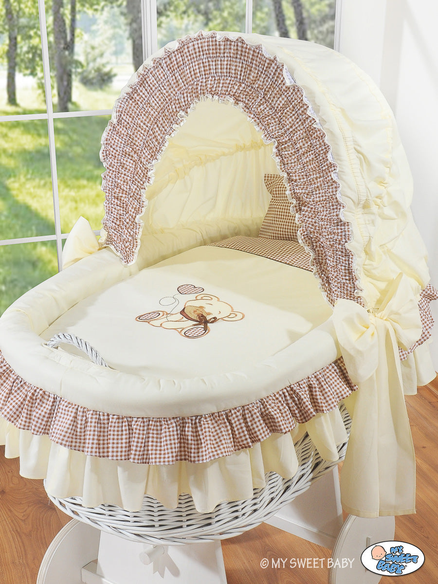 Moses Basket/Wicker crib with hood- Bear with bow brown