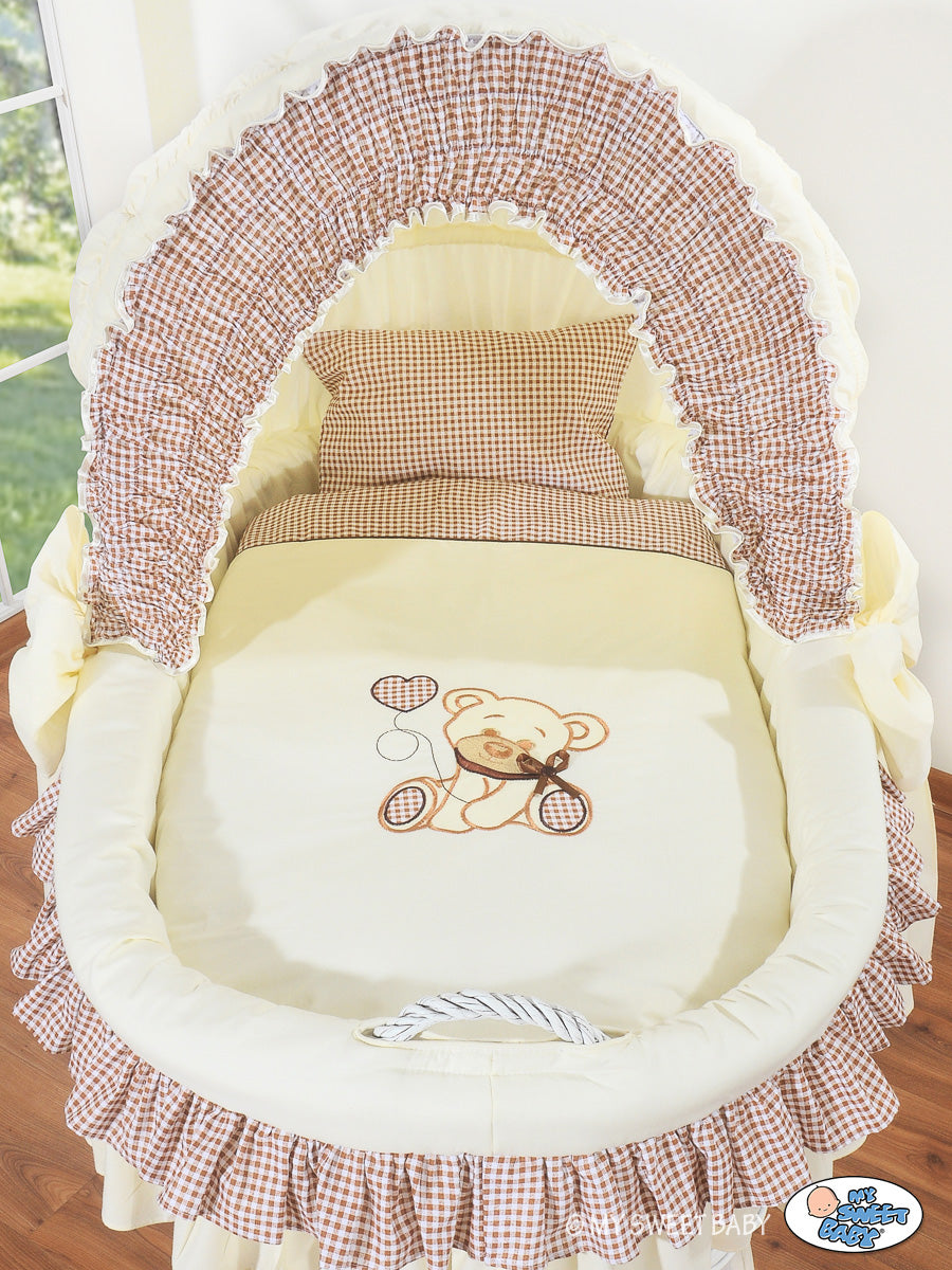 Moses Basket/Wicker crib with hood- Bear with bow brown