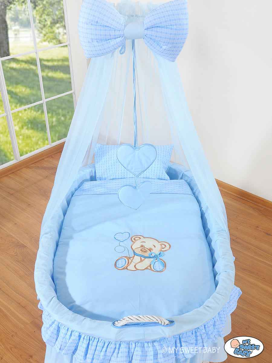Moses Basket/Wicker drape crib- Bear with bow blue
