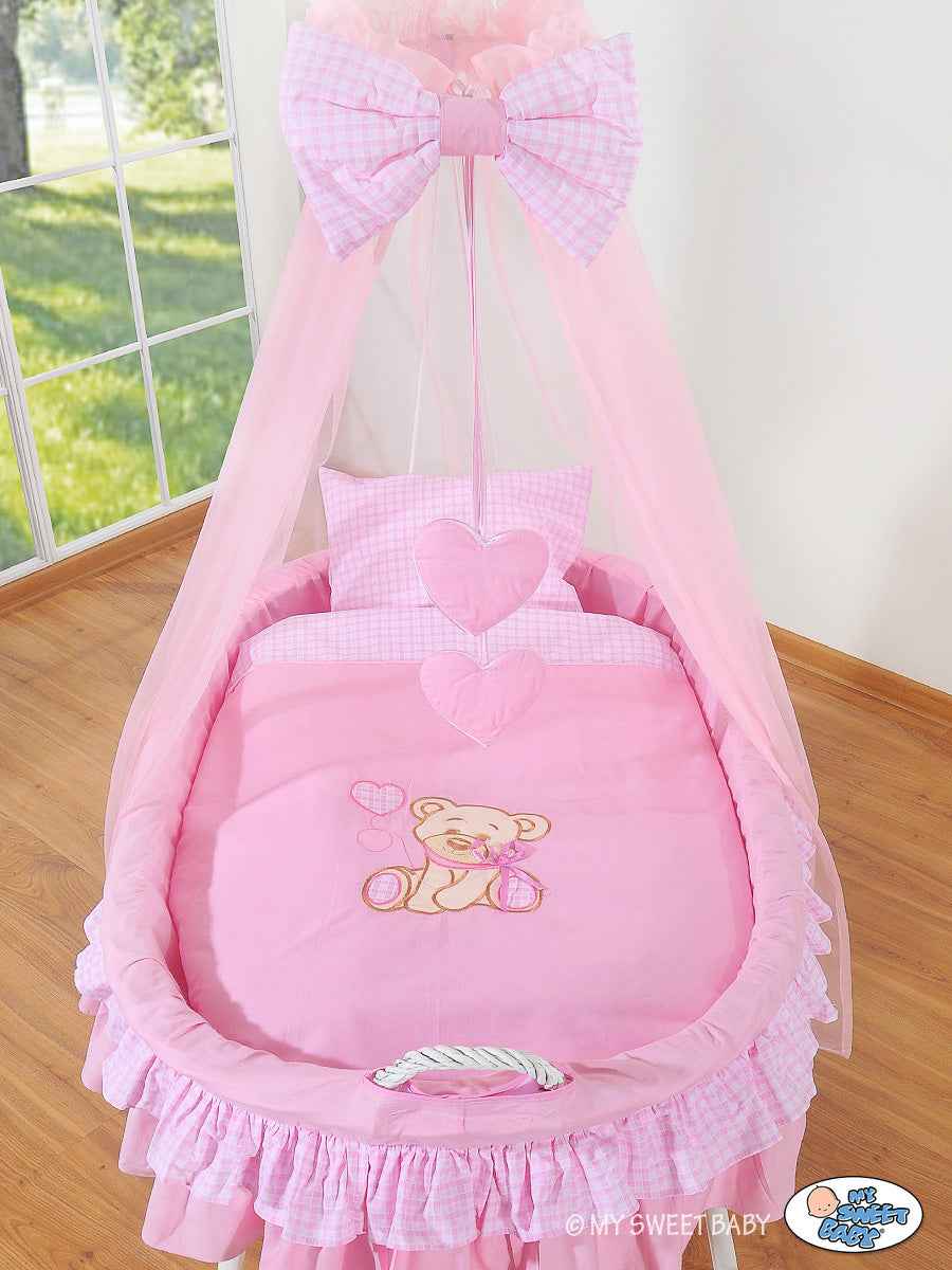 Moses Basket/Wicker drape crib- Bear with bow pink