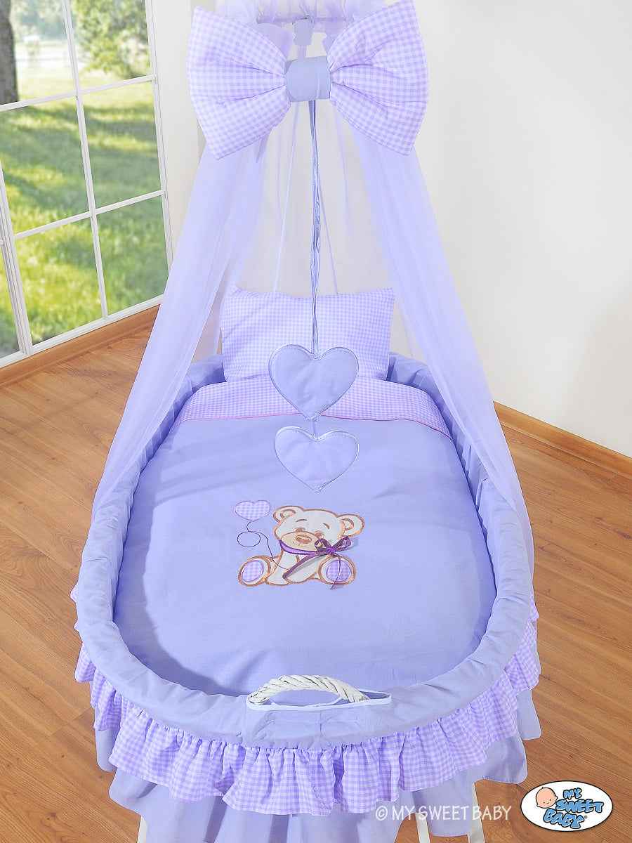 Moses Basket/Wicker drape crib- Bear with bow  lilac