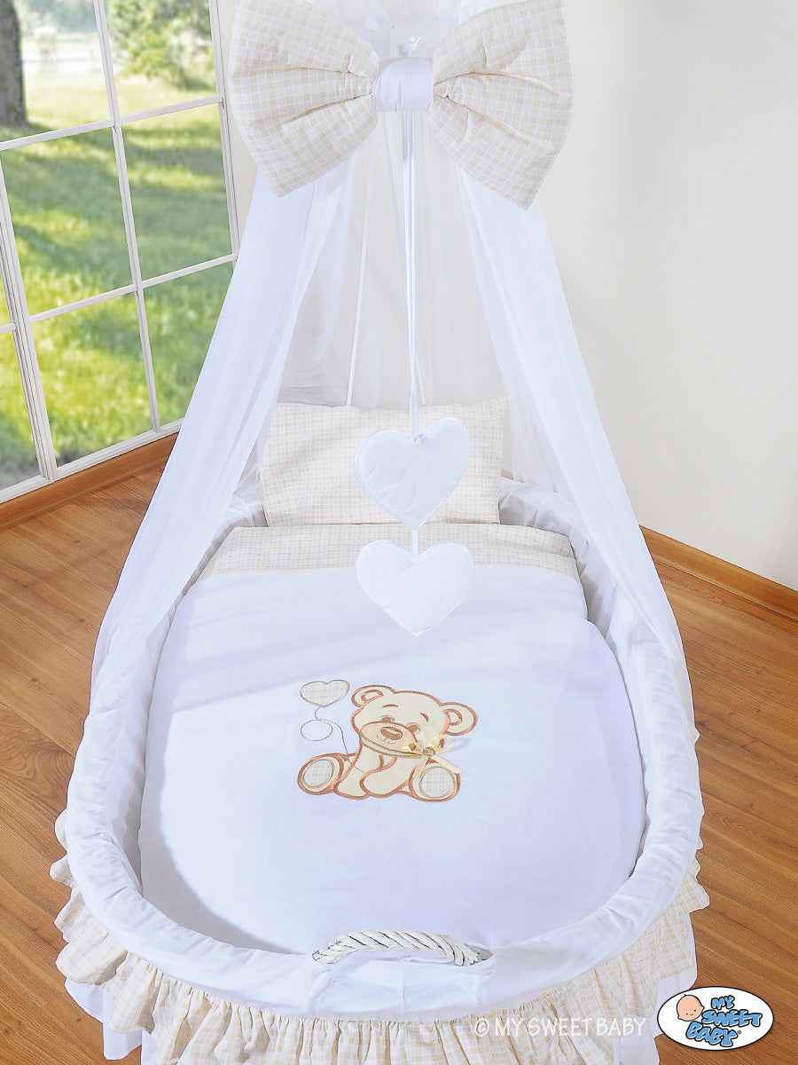 Moses Basket/Wicker drape crib- Bear with bow white