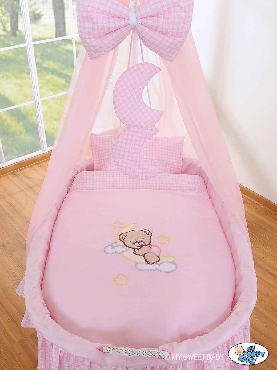 Moses Basket Wicker drape crib Good night - white + pink bedding