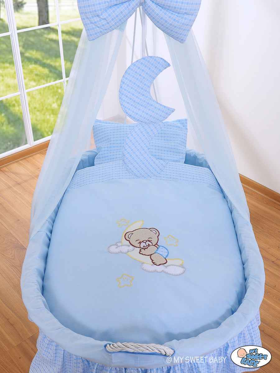 Moses Basket Wicker drape crib Good night - white + blue bedding