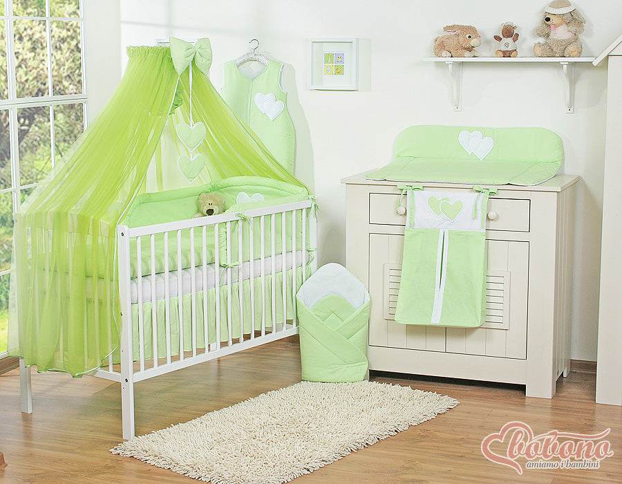 Large mosquito net for baby's bed made of chiffon with hanging hearts and a bow - green