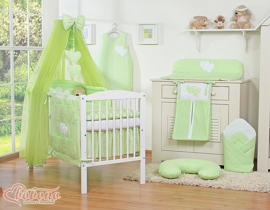 Large mosquito net for baby's bed made of chiffon with hanging hearts and a bow - green