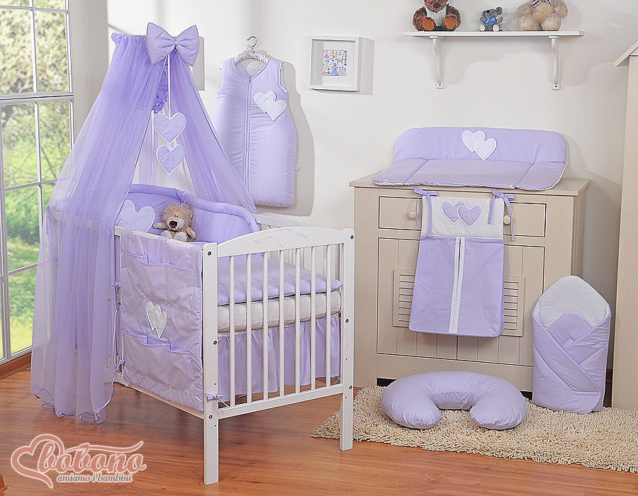 Large mosquito net for baby's bed made of chiffon with hanging hearts and a bow - lilac
