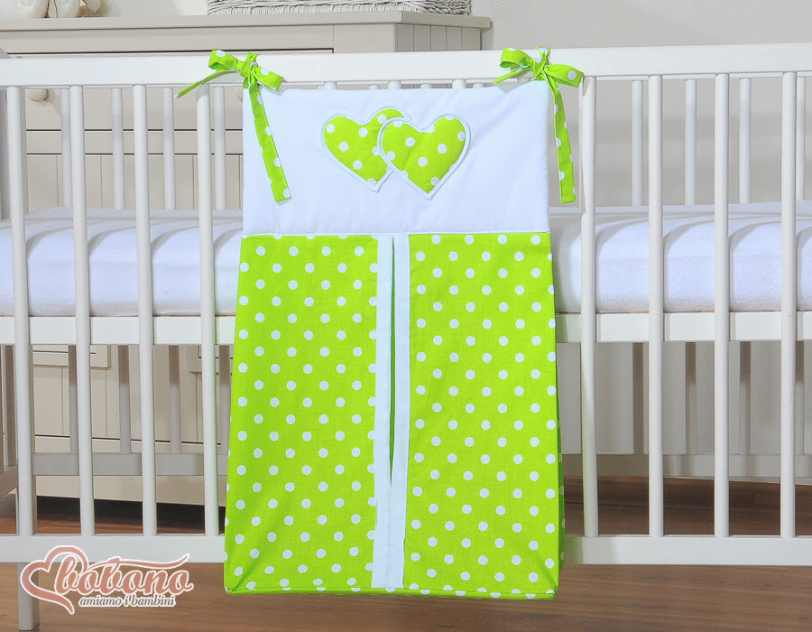 Diaper bag- Hanging Hearts white dots on green