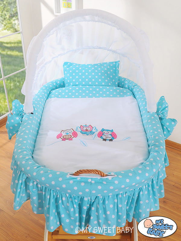 Moses Basket/Wicker hood crib- Owls turquoise