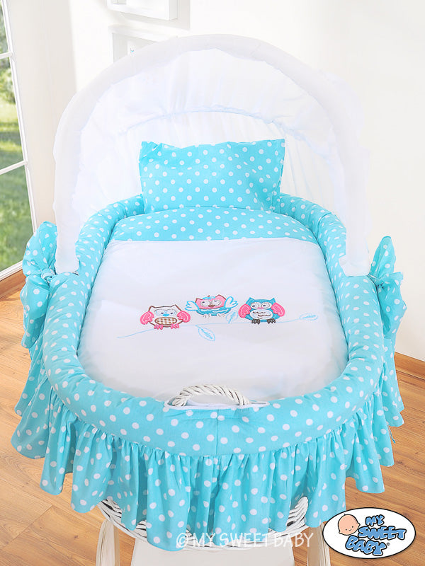 Moses Basket/Wicker hood crib- Owls turquoise