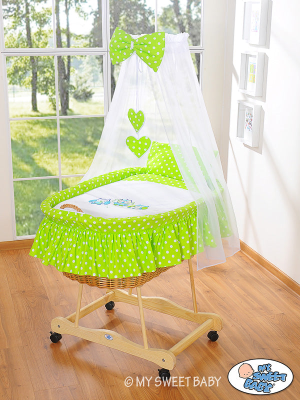 Moses Basket/Wicker drape crib- Owls green