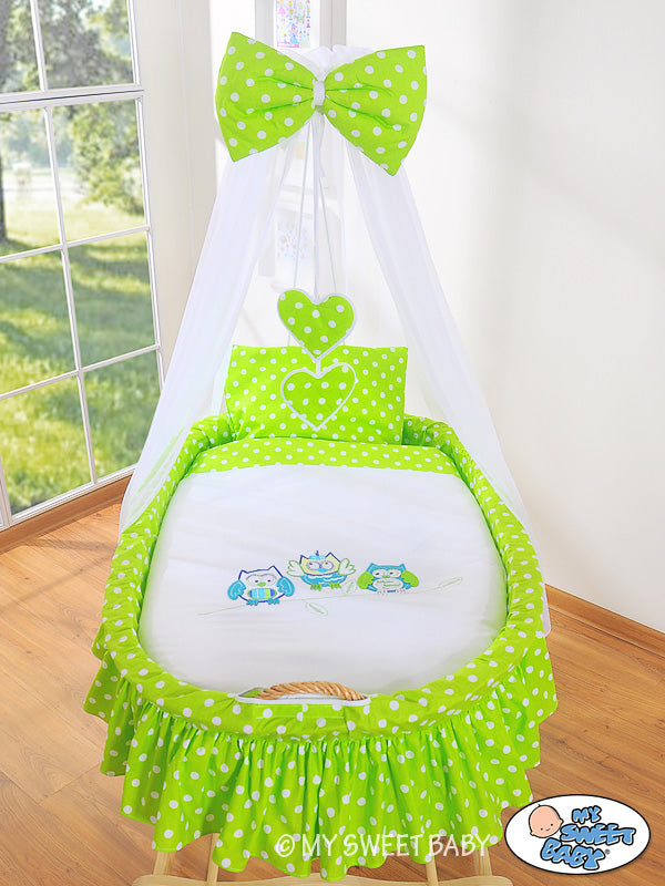 Moses Basket/Wicker drape crib- Owls green