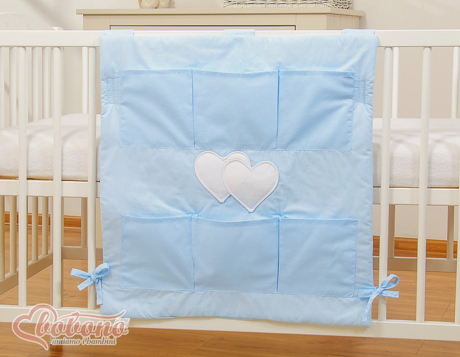 Cot tidy- Hanging Hearts blue strips