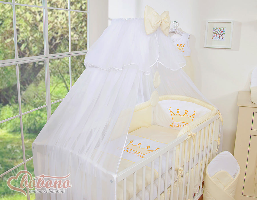 Large mosquito net for baby's bed made of white chiffon with circles and a bow - cream hangers