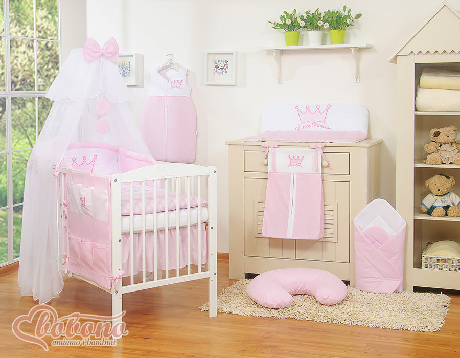 Large mosquito net for baby's bed made of white chiffon with circles and a bow - pink hangers
