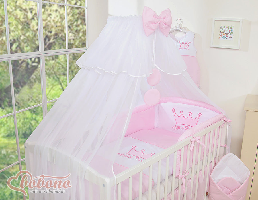 Large mosquito net for baby's bed made of white chiffon with circles and a bow - pink hangers