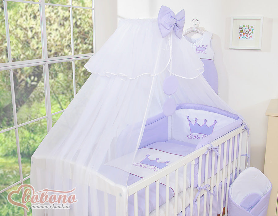 Large mosquito net for baby's bed made of white chiffon with circles and a bow - lilac hangers