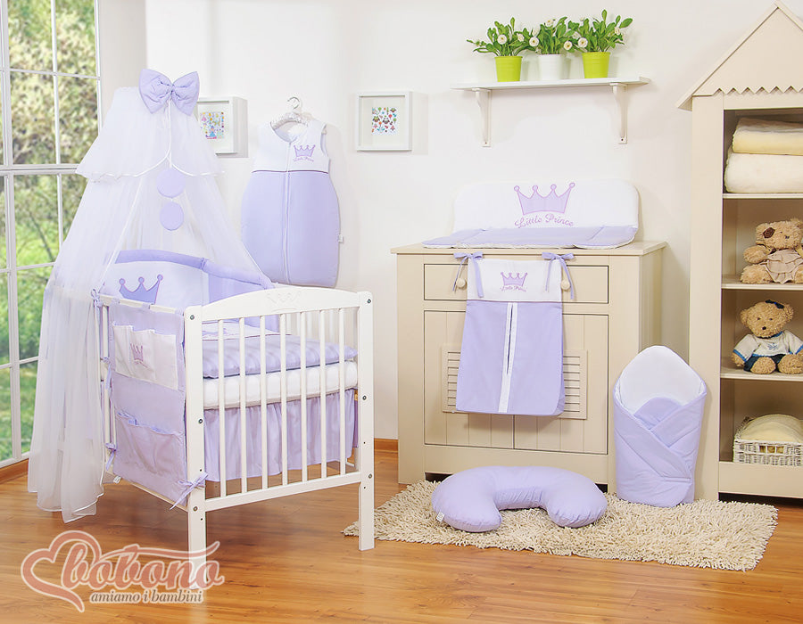 Large mosquito net for baby's bed made of white chiffon with circles and a bow - lilac hangers