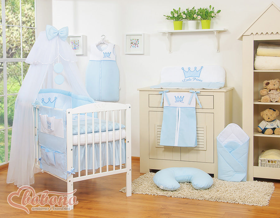 Large mosquito net for baby's bed made of white chiffon with circles and a bow - blue hangers