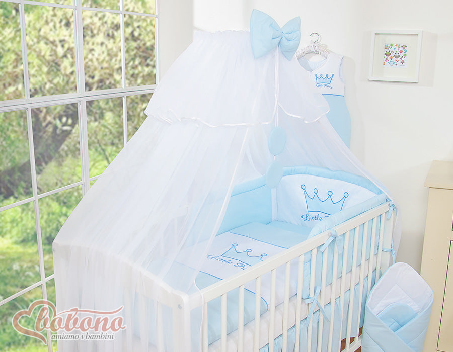 Large mosquito net for baby's bed made of white chiffon with circles and a bow - blue hangers