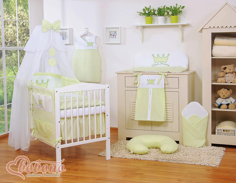 Large mosquito net for baby's bed made of white chiffon with circles and a bow - green hangers