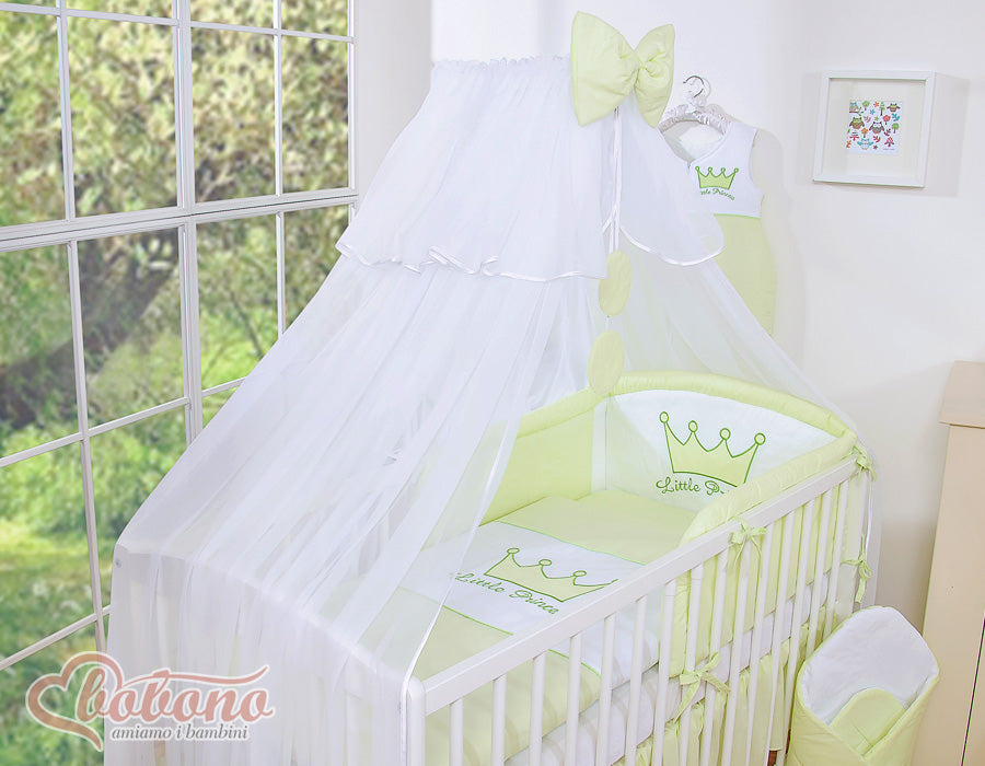 Large mosquito net for baby's bed made of white chiffon with circles and a bow - green hangers