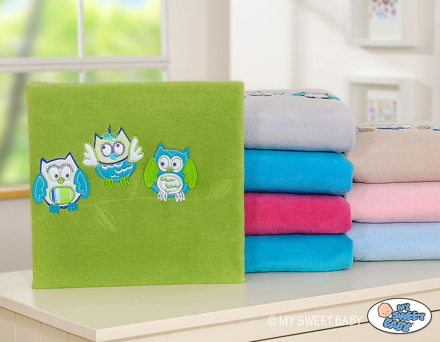 Polar fleece blanket - Owls Bigi Zibi & Adele- green