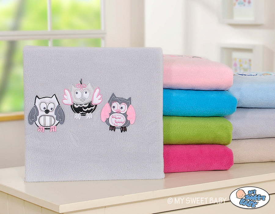Polar fleece blanket - Owls Bigi Zibi & Adele- grey-pink