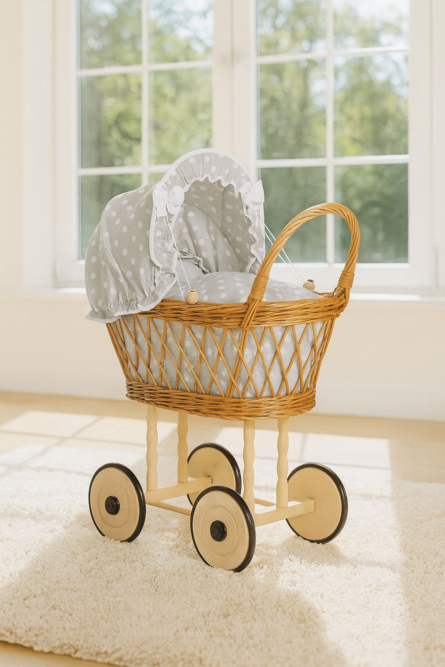 Wicker dolls' pram with grey bedding and padding VERONICA natural