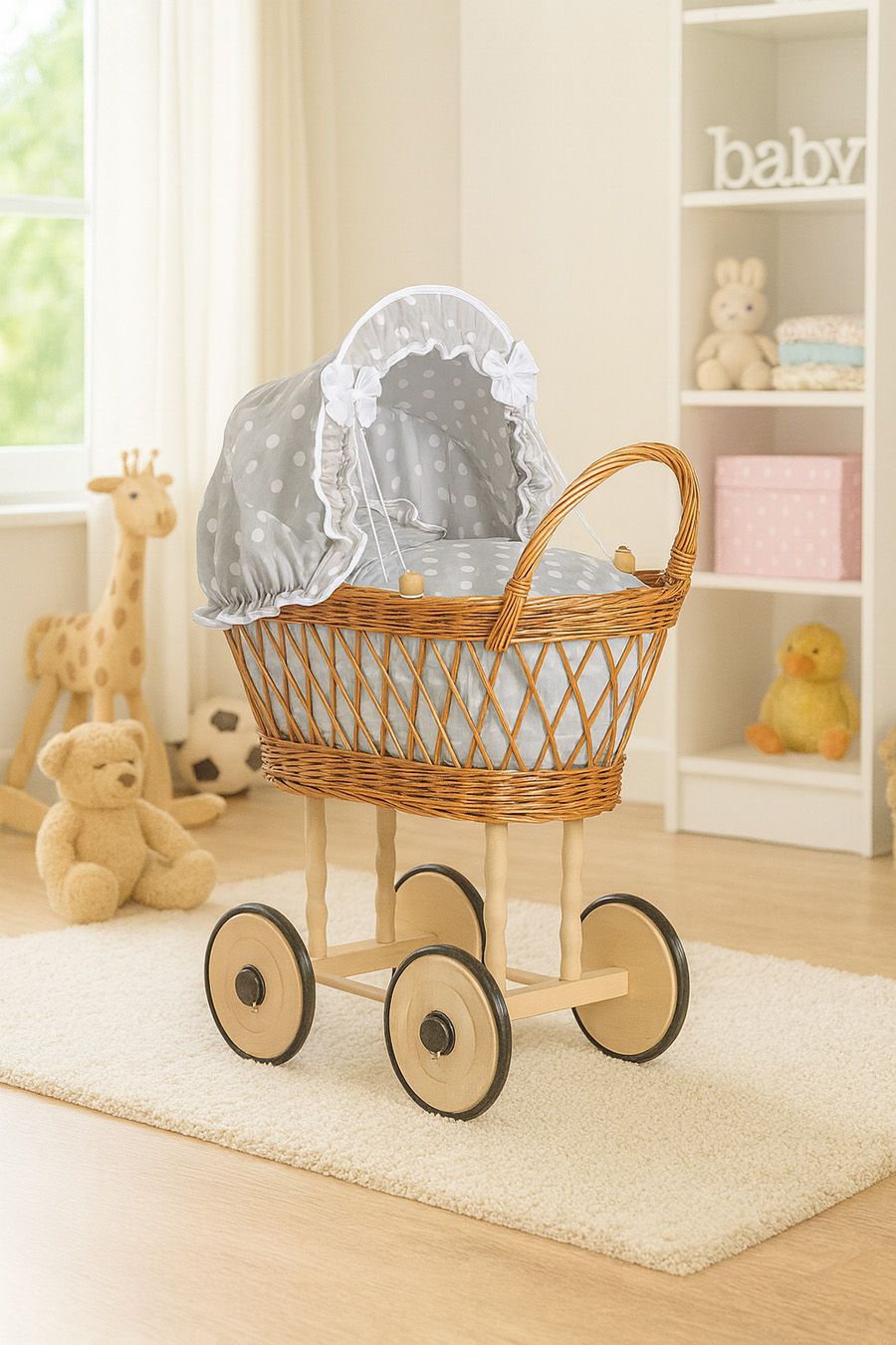 Wicker dolls' pram with grey bedding and padding VERONICA natural