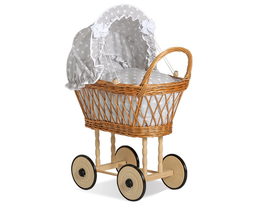Wicker dolls' pram with grey bedding and padding VERONICA natural