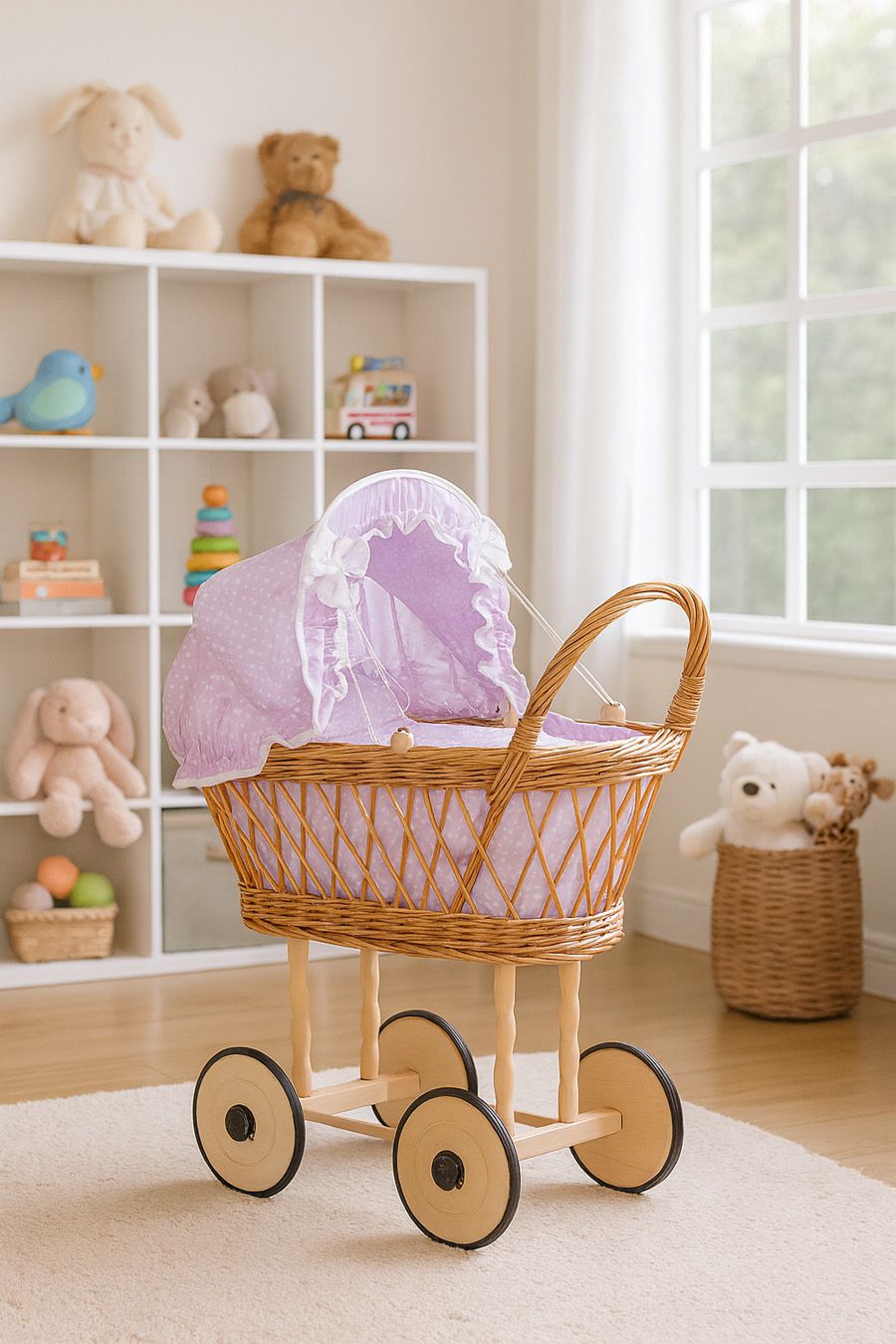 Wicker dolls' pram with lila bedding and padding VERONICA - natural