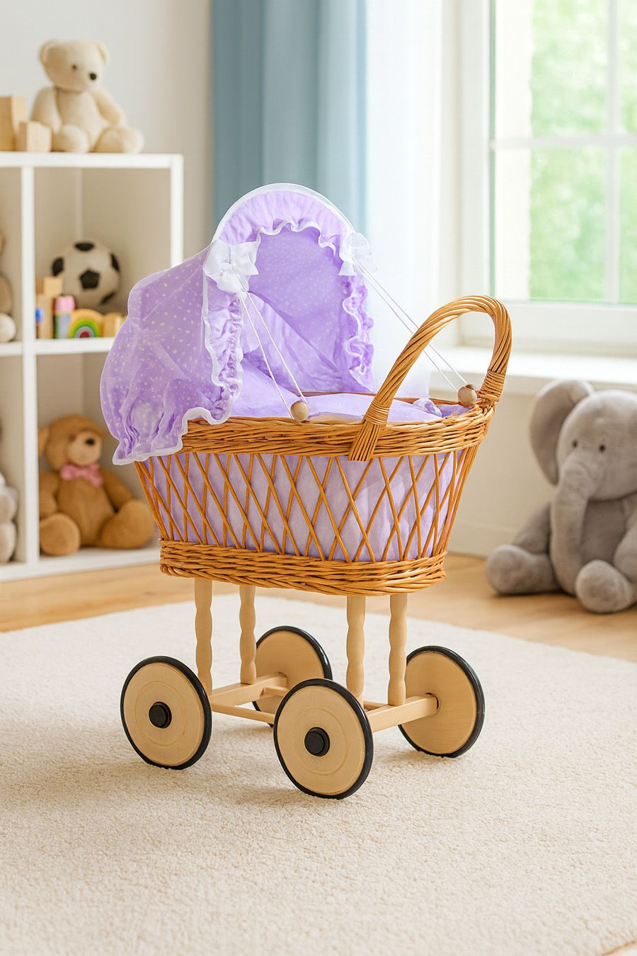 Wicker dolls' pram with lila bedding and padding VERONICA - natural