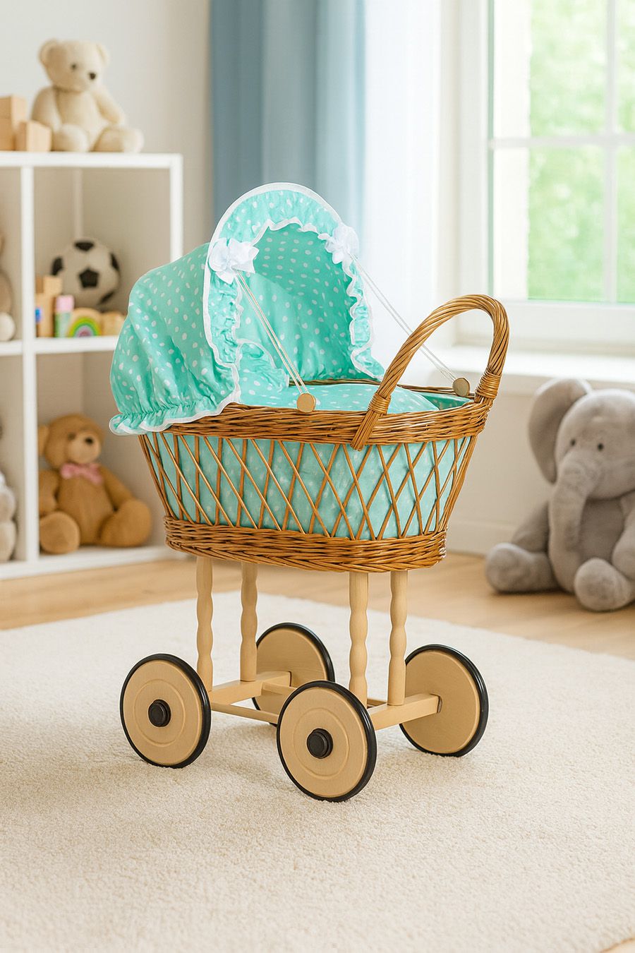 Wicker dolls' pram with mint bedding and padding VERONICA - natural