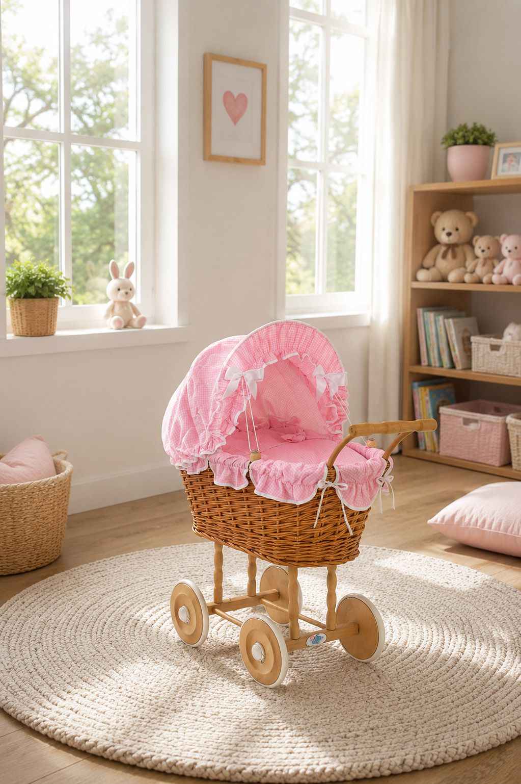 Wicker dolls' pram with pink bedding and padding NATALIA natural