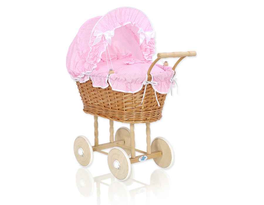 Wicker dolls' pram with pink bedding and padding NATALIA natural