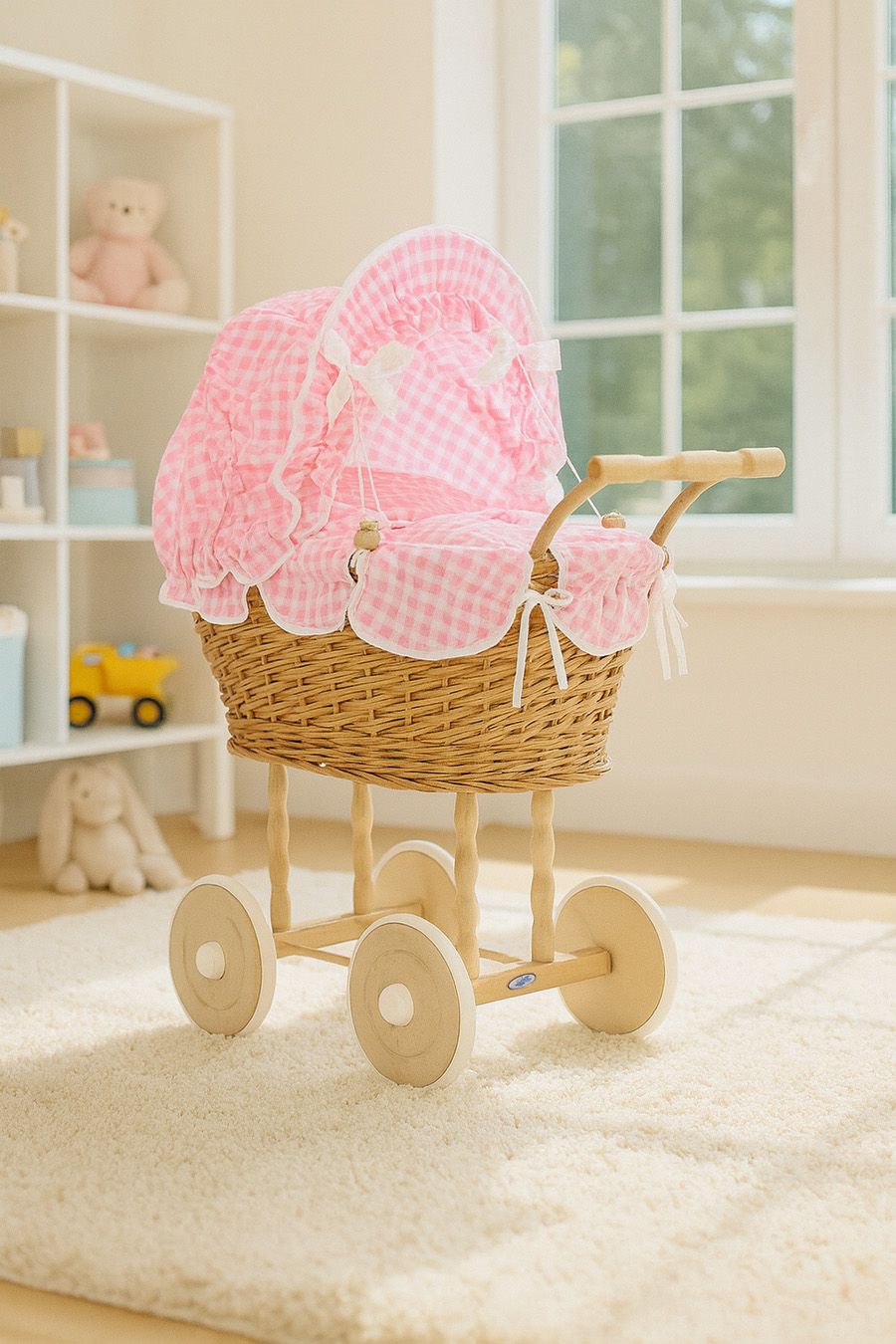 Wicker dolls' pram with pink bedding and padding NATALIA natural
