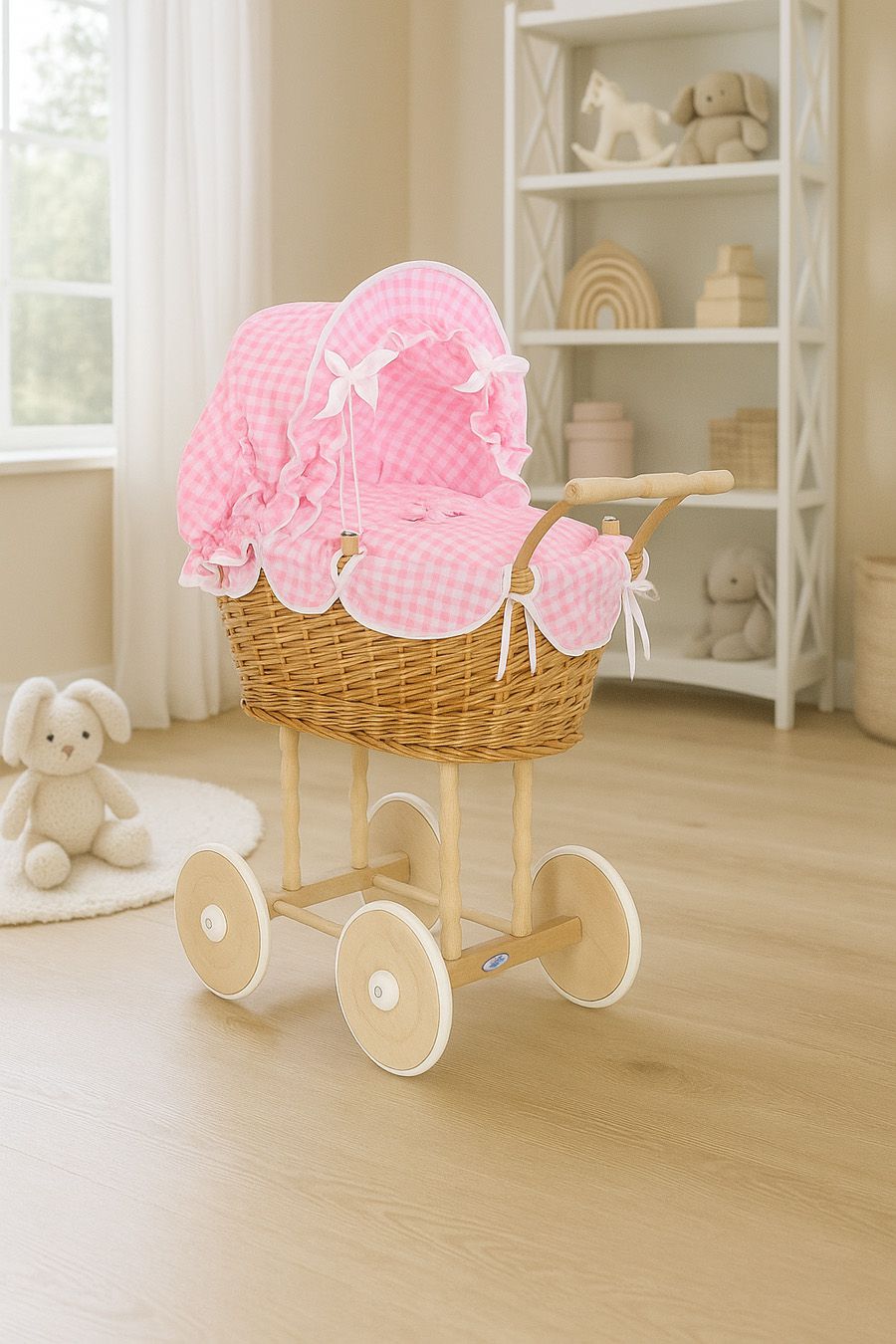 Wicker dolls' pram with pink bedding and padding NATALIA natural