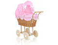 Wicker dolls' pram with pink bedding and padding NATALIA natural