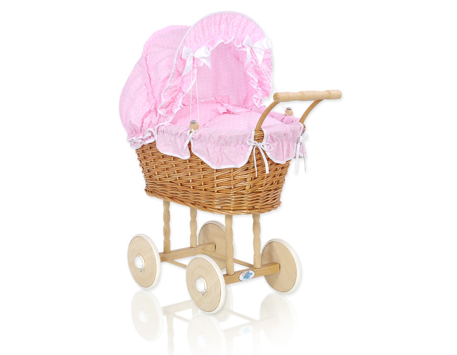 Wicker dolls' pram with pink bedding and padding NATALIA natural
