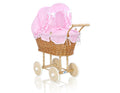 Wicker dolls' pram with pink bedding and padding NATALIA natural