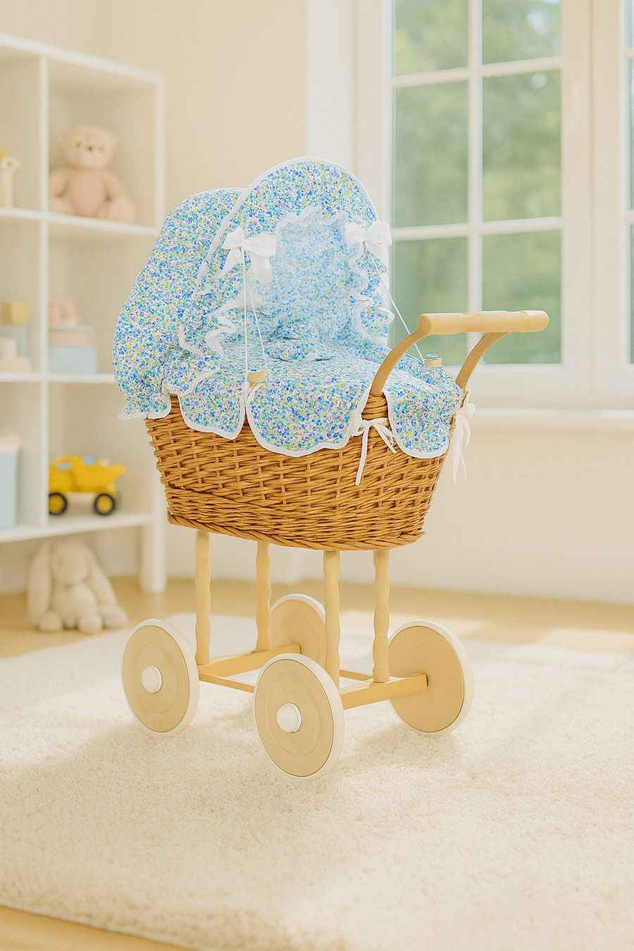 Wicker dolls' pram with blue bedding and padding NATALIA natural
