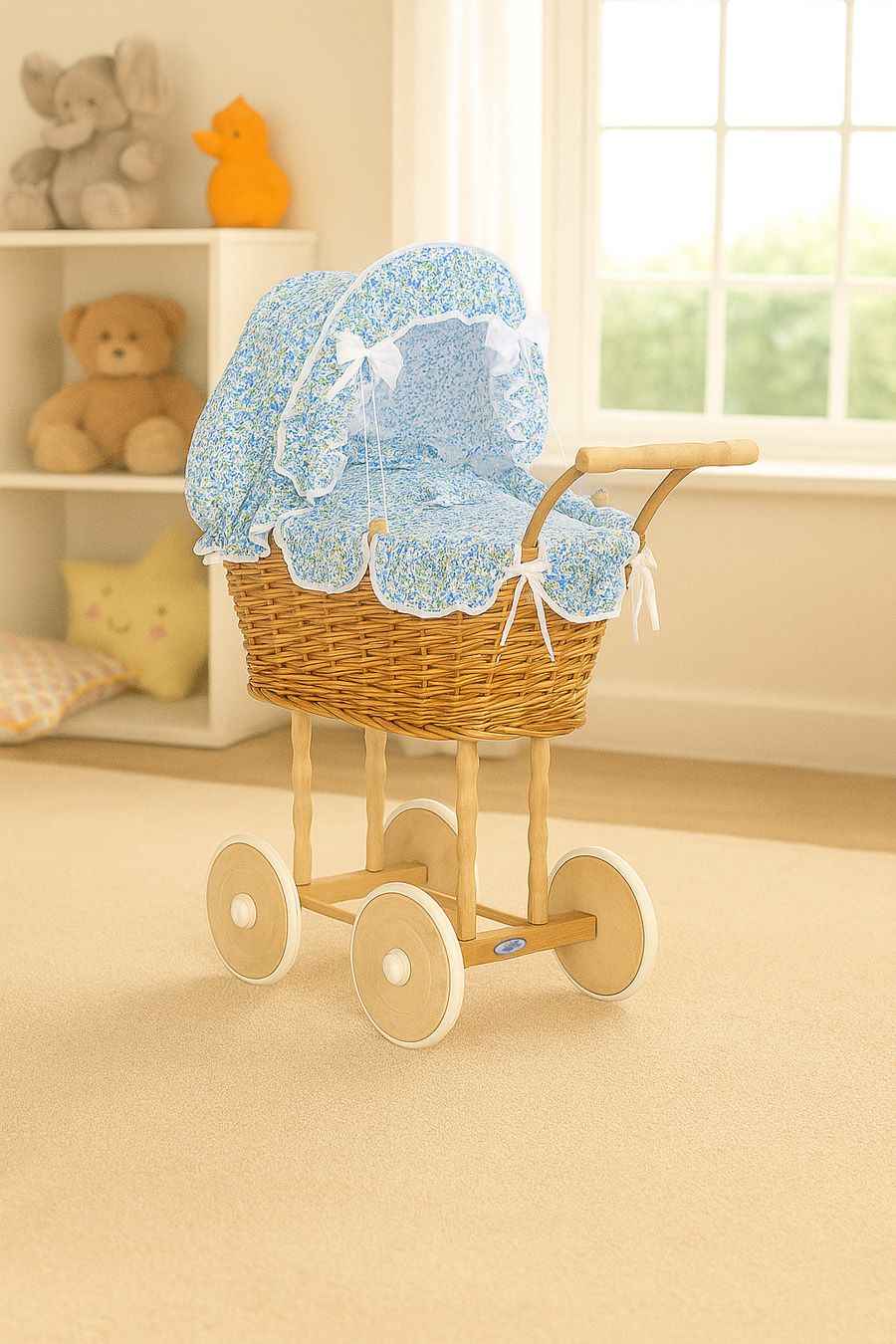 Wicker dolls' pram with blue bedding and padding NATALIA natural