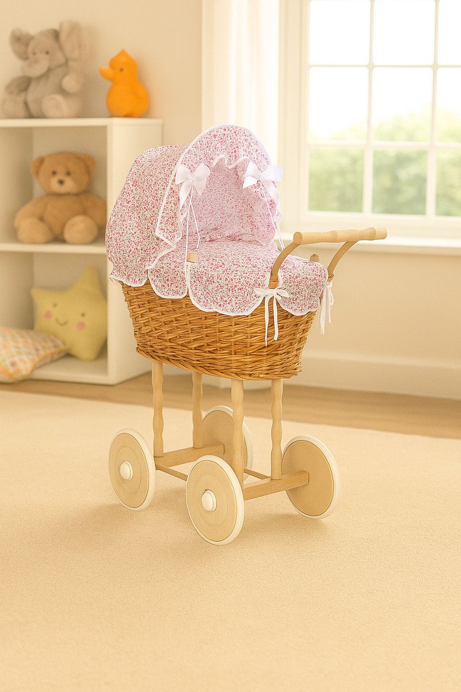 Wicker dolls' pram with pink bedding and padding NATALIA natural